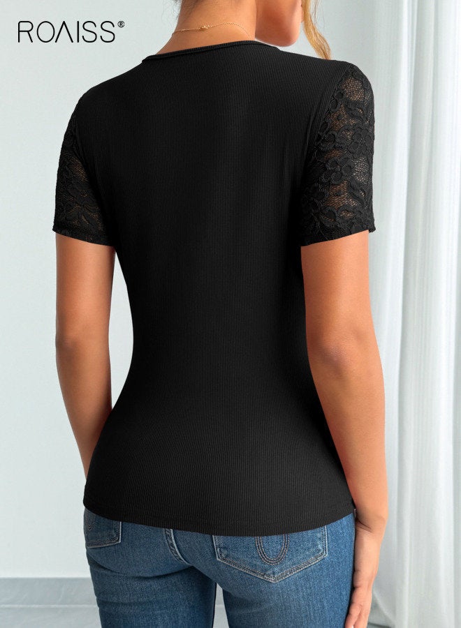 رويس بلوزة نسائية بأكمام قصيرة وياقة متقاطعة من الدانتيل، بلون سادة، بلوزة بياقة على شكل حرف V، بلوزة ضيقة للحفلات اليومية، بلوزة نسائية أنيقة بسيطة ومتعددة الاستخدامات، باللون الأسود - Image 3