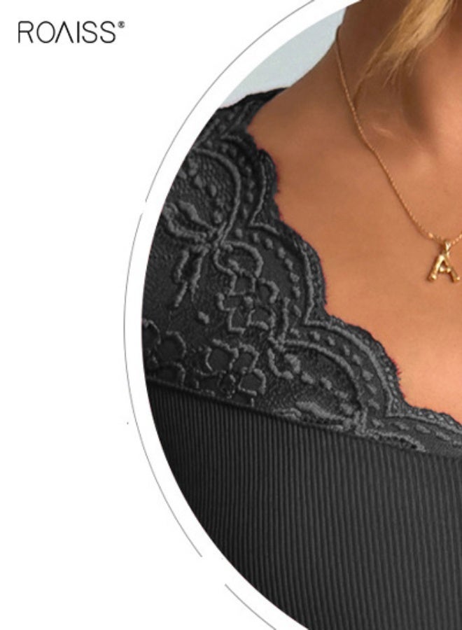 roaiss Women Stylish T-shirt, Short Sleeve V Neck Tops with Lace Design, Elegant Slim-fit Blouse for Ladies, Suitable for Daily Wear or Any Outdoor Activity - Image 4