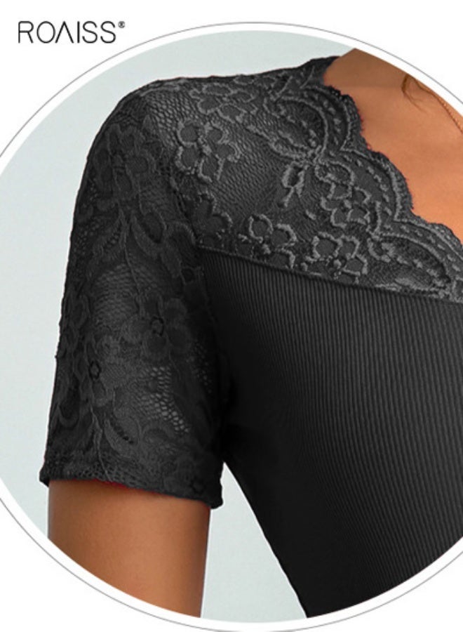 roaiss Women Stylish T-shirt, Short Sleeve V Neck Tops with Lace Design, Elegant Slim-fit Blouse for Ladies, Suitable for Daily Wear or Any Outdoor Activity - Image 5