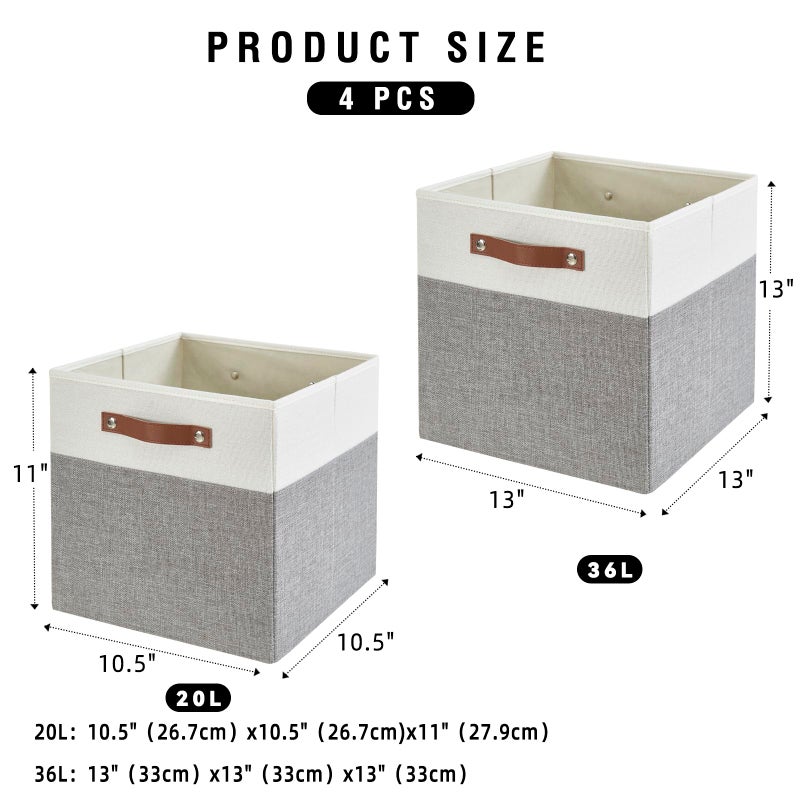 Bagnizer Collapsible Fabric Storage Cube Bins with 2 Reinforced PU Handles, Foldable Storage Organizer Baskets for Closet, Shelves, Living Room | 13"x13"x13", 4 Pack, Gray & White - Image 2