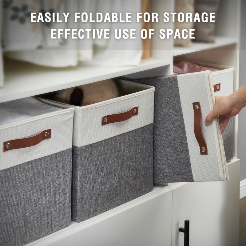 Bagnizer Collapsible Fabric Storage Cube Bins with 2 Reinforced PU Handles, Foldable Storage Organizer Baskets for Closet, Shelves, Living Room | 13"x13"x13", 4 Pack, Gray & White - Image 4