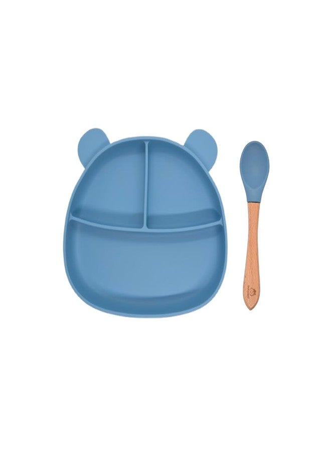 Babylief Bear-Shaped Silicone Divided Plate with Matching Wooden Handle Silicone Spoons Combo (Powder Blue) - Image 1