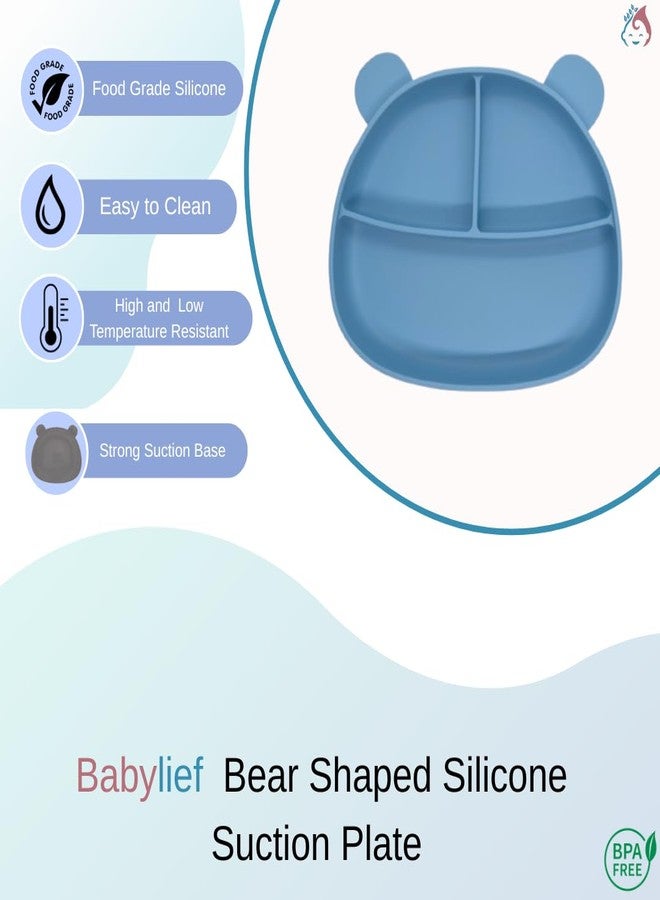 Babylief Bear-Shaped Silicone Divided Plate with Matching Wooden Handle Silicone Spoons Combo (Powder Blue) - Image 2
