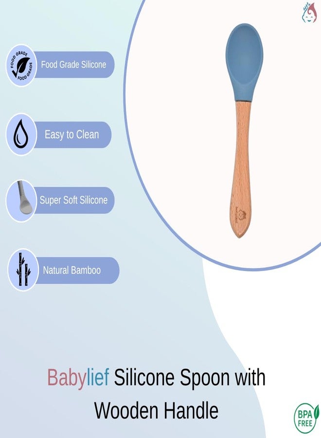 Babylief Bear-Shaped Silicone Divided Plate with Matching Wooden Handle Silicone Spoons Combo (Powder Blue) - Image 3