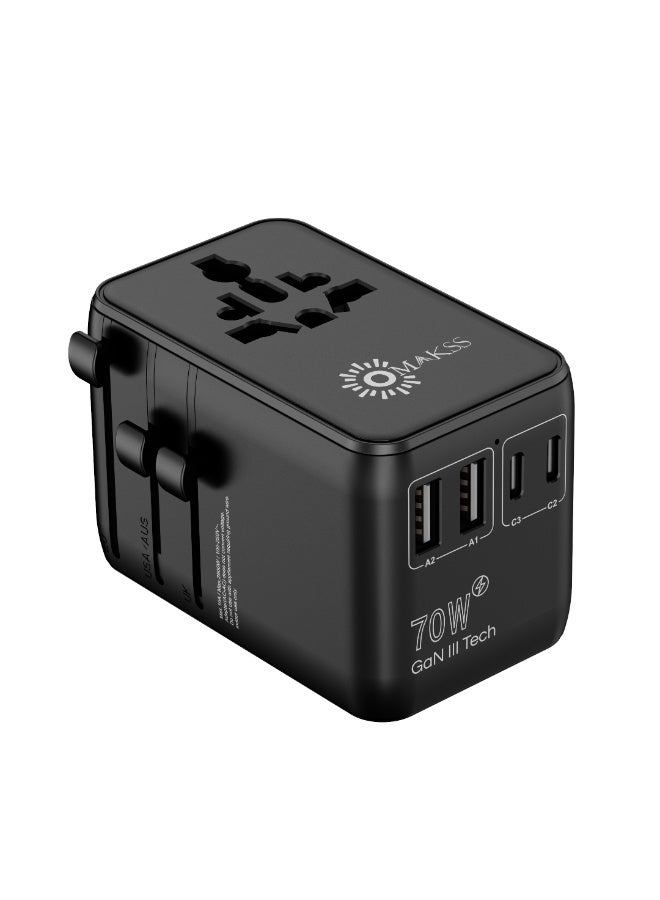 70 Watt GaN III Tech Fast Charger Multi-Port USB-C PD + USB-A | Universal Travel Adapter 100-250V | For Mobile Phones, Tablets, Laptops & Devices | UK/EU/US/AU Plugs | Compact Foldable Worldwide Charger