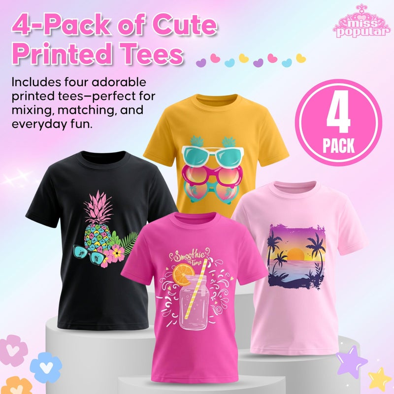 MISS POPULAR Girls 4-Pack Super Soft Short Sleeve T-Shirts Rainbow Butterfly Glitter Print Cute Design| Sizes 7-16 - Image 3