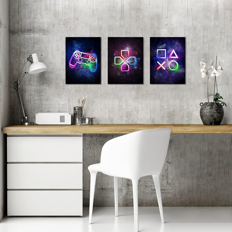 Visual Art Decor Video Game Room Wall Decor Cool Video Game Buttons Posters Pictures Gift for Boys Bedroom Room Decorations 3 Panels Canvas Playroom Paintings Prints Ready to Hang (Purple, 12x16x3 - Image 3