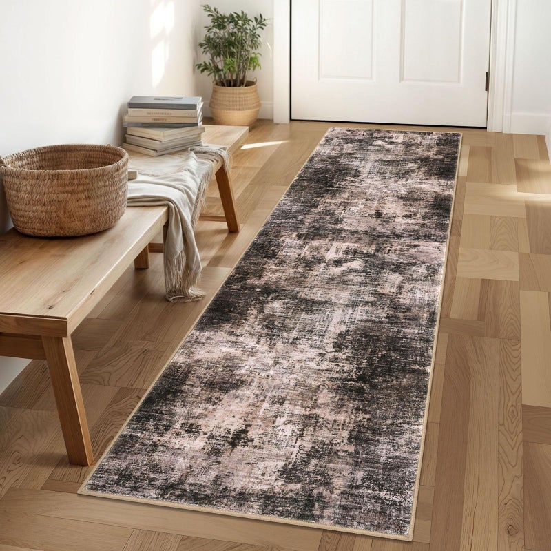 IOHOUZE Abstract Runner Rug 2x6 Ft Washable Runners for Hallways, Non Slip Kitchen Runner Printed Faux Wool Entryway Runner Indoor, Modern Abstract Floor Carpet for Hall Kitchen Bedroom, Brown/Rust - Image 1