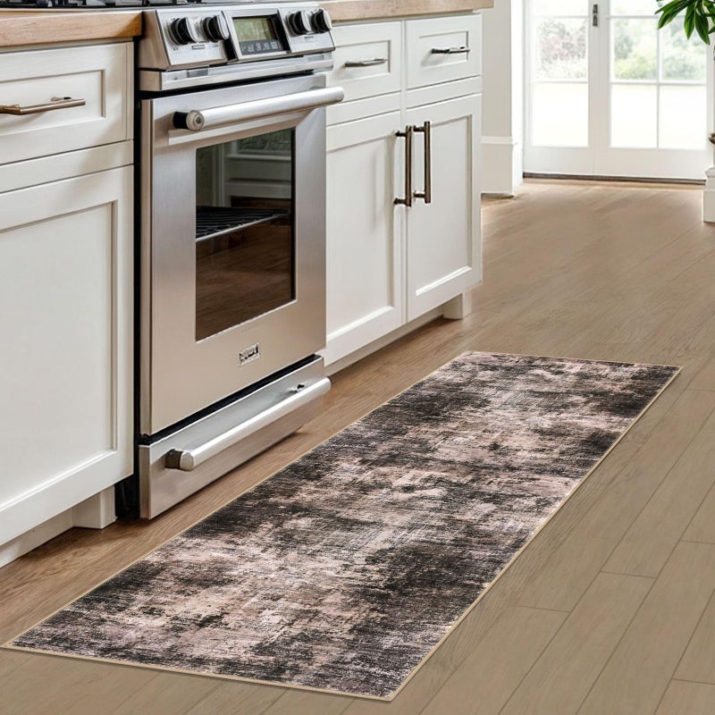 IOHOUZE Abstract Runner Rug 2x6 Ft Washable Runners for Hallways, Non Slip Kitchen Runner Printed Faux Wool Entryway Runner Indoor, Modern Abstract Floor Carpet for Hall Kitchen Bedroom, Brown/Rust - Image 2