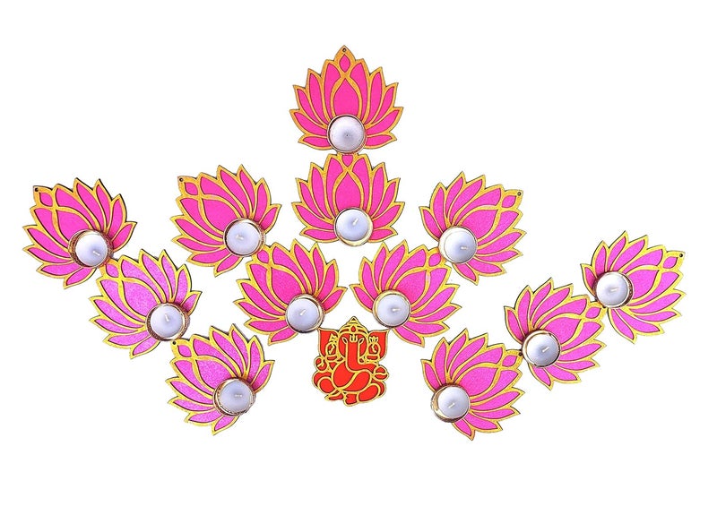 StepsToDo (with device) StepsToDo Set of 12 Golden Lotus Wooden Cutout with Diya Pink Lotus with Diya Holder with Tea Light CandleDiya and Golden CandelDiya Holder 
