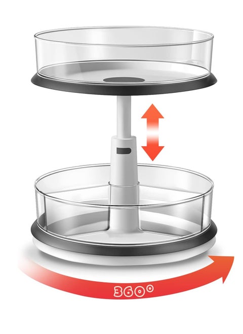 2 Tier Lazy Susan Organizer Clear Turntable for Cabinet Bathroom Countertop and Pantry with Large Spice Rack (White)