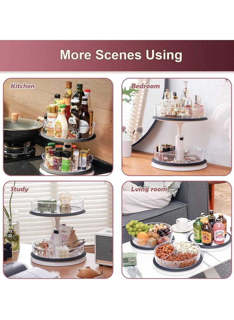 2 Tier Lazy Susan Organizer Clear Turntable for Cabinet Bathroom Countertop and Pantry with Large Spice Rack (White)