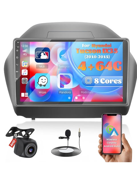 [8-Core 4+64G] Android 13 Car Stereo for Hyundai Tucson IX35 2010-2015, 10.1" Touchscreen Radio with Wireless Carplay & Android Auto, Bluetooth, GPS, WiFi, 32EQ DSP, FM/RDS, SWC, Backup Camera