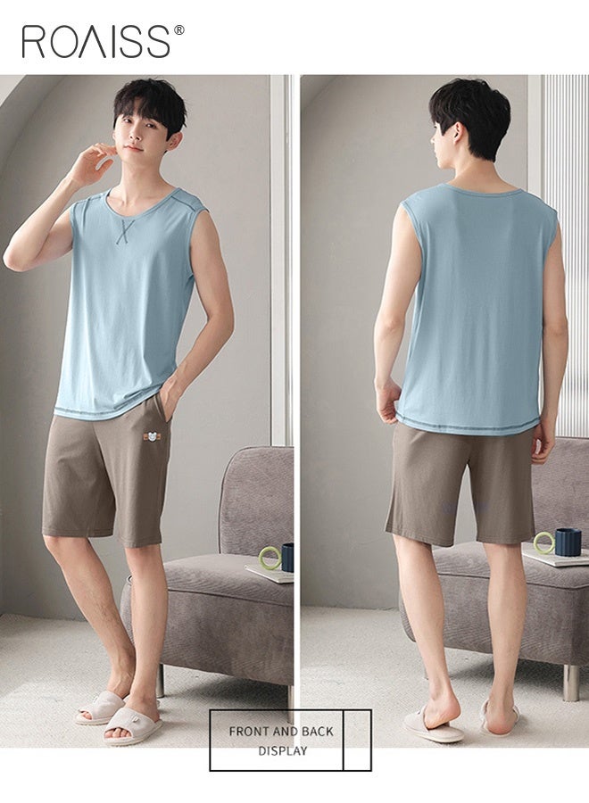 roaiss 2Pcs Modal Pajamas Set for Men Summer Sleeveless Thin Tops Vest and Loose Elastic Strap Design Shorts Mens Skin-Friendly Comfortable Breathable Loungewear H Type Round Neck Pyjama Suit - Image 2