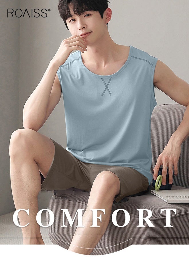 roaiss 2Pcs Modal Pajamas Set for Men Summer Sleeveless Thin Tops Vest and Loose Elastic Strap Design Shorts Mens Skin-Friendly Comfortable Breathable Loungewear H Type Round Neck Pyjama Suit - Image 3