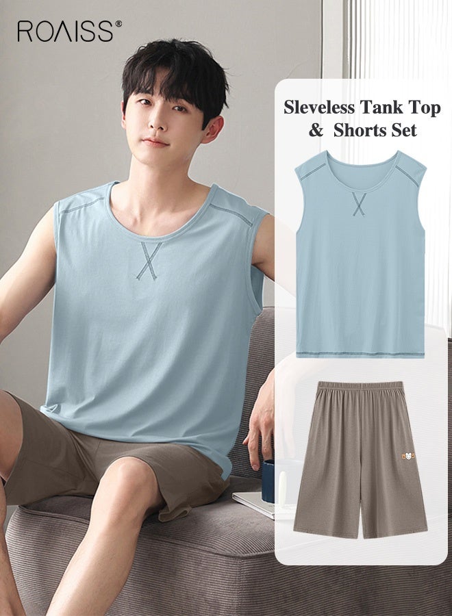 roaiss 2Pcs Modal Pajamas Set for Men Summer Sleeveless Thin Tops Vest and Loose Elastic Strap Design Shorts Mens Skin-Friendly Comfortable Breathable Loungewear H Type Round Neck Pyjama Suit - Image 1