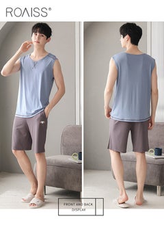 roaiss 2Pcs Modal Pajamas Set for Men Summer Sleeveless Thin Tops Vest and Loose Elastic Strap Design Shorts Mens Skin-Friendly Comfortable Breathable Loungewear H Type Round Neck Pyjama Suit  - Image 2
