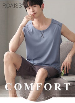 roaiss 2Pcs Modal Pajamas Set for Men Summer Sleeveless Thin Tops Vest and Loose Elastic Strap Design Shorts Mens Skin-Friendly Comfortable Breathable Loungewear H Type Round Neck Pyjama Suit  - Image 3