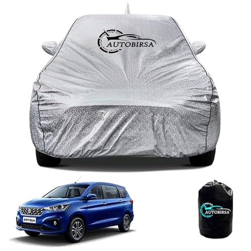 AUTOBIRSA Waterproof Car Body Cover for Maruti Ertiga with Mirror and Antenna Pocket and Soft Cotton Lining (4 Side Elastic Triple Stitched & Metallic Silver with Black Piping Style) - Image 1
