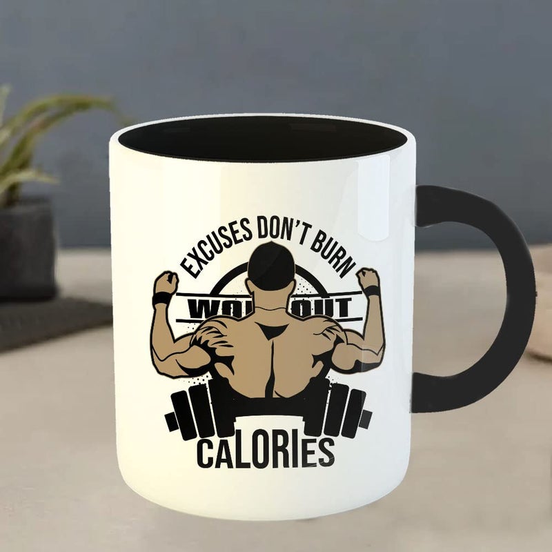 YaaNaa Printed Coffee Mug Gym Design Excuse Dont Burn Calories Gifts for Gym Lovers Fitness Enthusiast Gifts for Coach Office Desk Gift for Mens for Body Builders R2226BK - Image 4