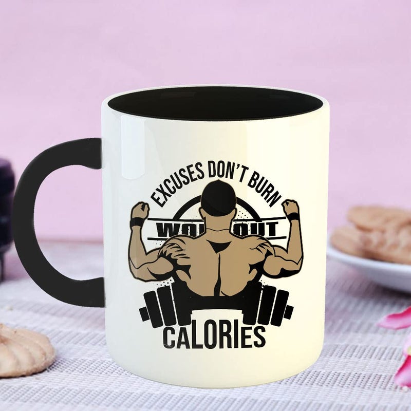YaaNaa Printed Coffee Mug Gym Design Excuse Dont Burn Calories Gifts for Gym Lovers Fitness Enthusiast Gifts for Coach Office Desk Gift for Mens for Body Builders R2226BK - Image 2