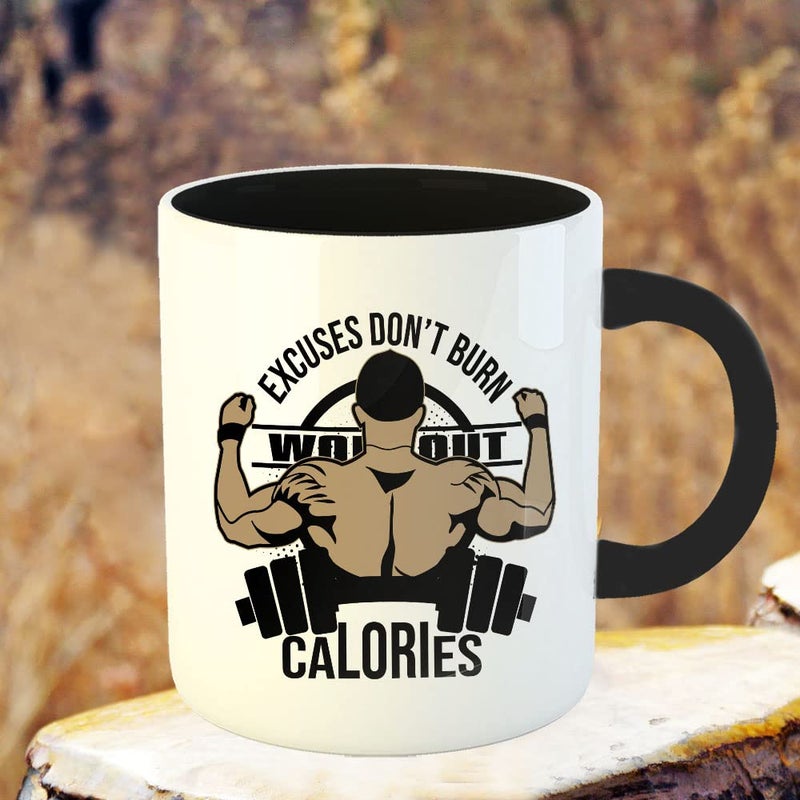 YaaNaa Printed Coffee Mug Gym Design Excuse Dont Burn Calories Gifts for Gym Lovers Fitness Enthusiast Gifts for Coach Office Desk Gift for Mens for Body Builders R2226BK - Image 3