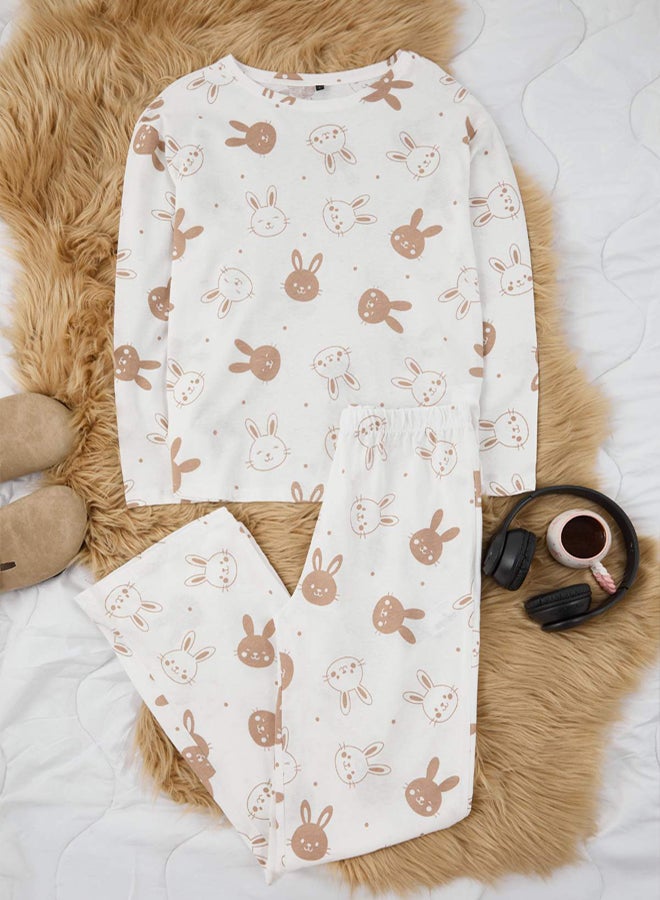 trendyol Teen Ecru 100% Cotton Rabbit Pattern Knitted Pajamas Set - Image 2