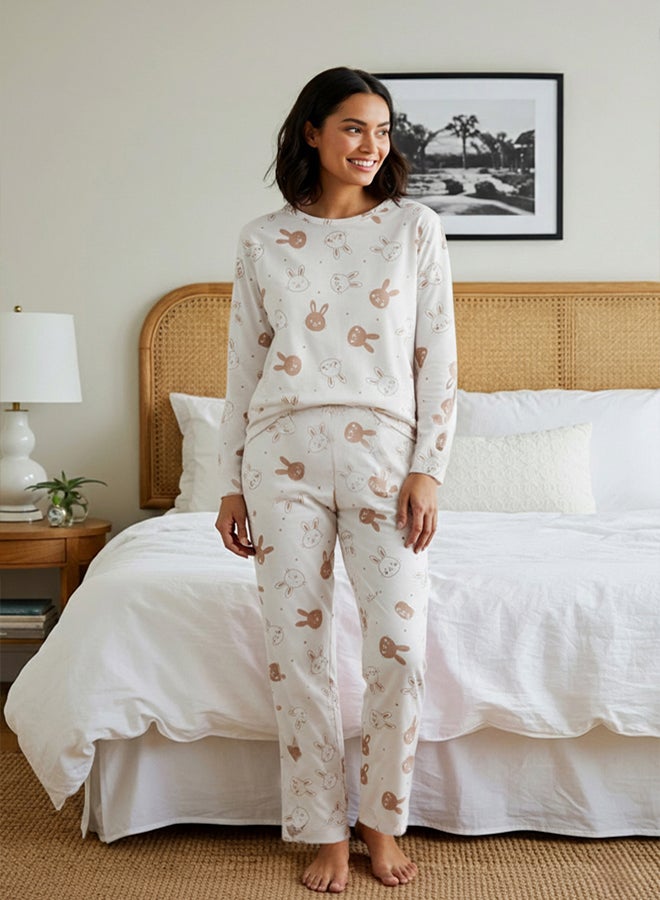 trendyol Teen Ecru 100% Cotton Rabbit Pattern Knitted Pajamas Set - Image 1