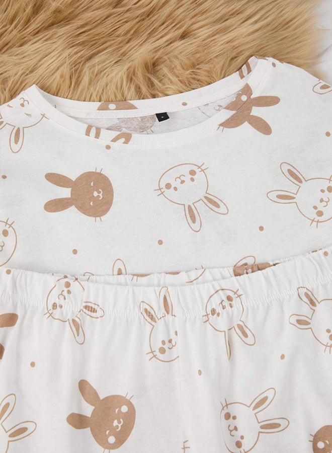trendyol Teen Ecru 100% Cotton Rabbit Pattern Knitted Pajamas Set - Image 4