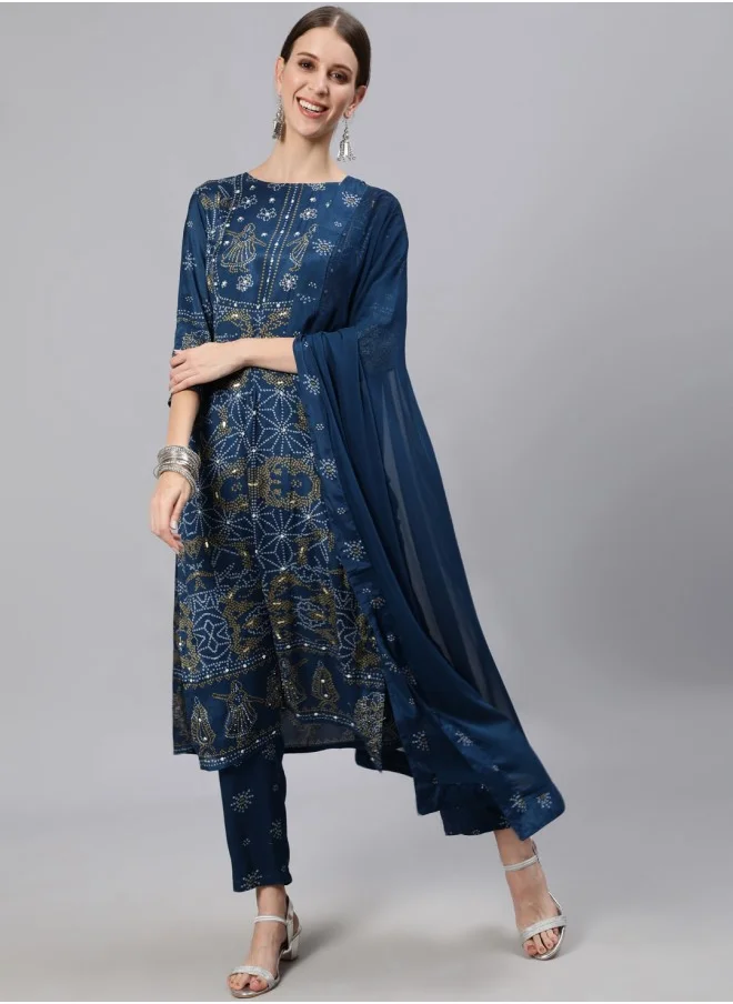 ISHIN Women Teal Ethnic Motifs Printed Regular Kurta With Trousers & With Dupatta