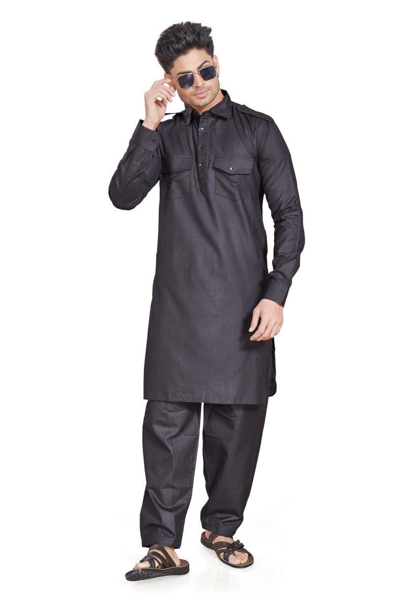 DIVISIVE Men's Cotton Blend Pathani Kurta Pyjama Set (DKRT455_XXL_Black) - Image 1