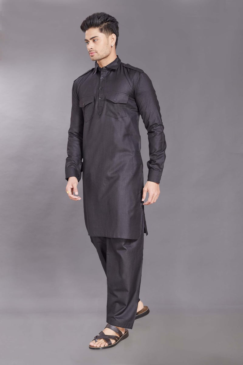DIVISIVE Men's Cotton Blend Pathani Kurta Pyjama Set (DKRT455_XXL_Black) - Image 2