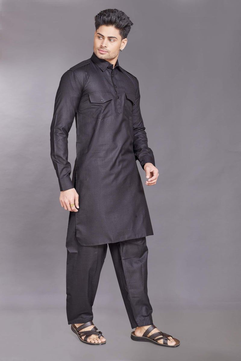 DIVISIVE Men's Cotton Blend Pathani Kurta Pyjama Set (DKRT455_XXL_Black) - Image 3