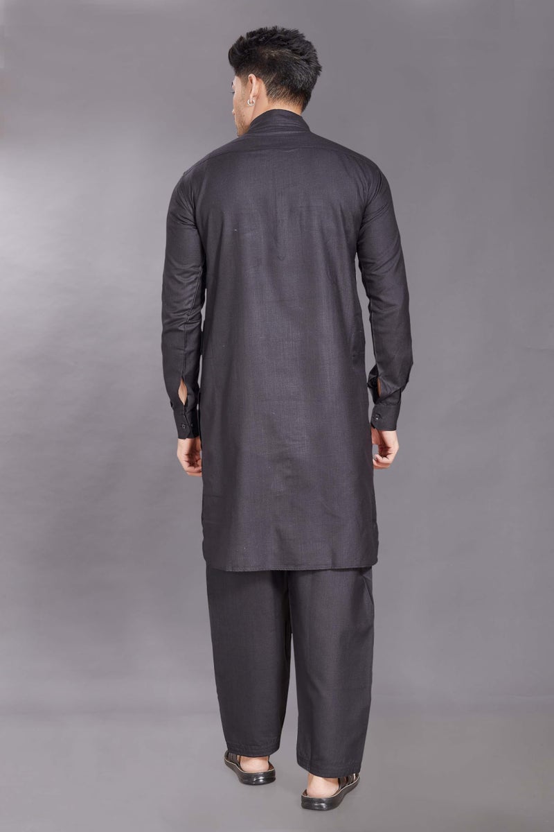 DIVISIVE Men's Cotton Blend Pathani Kurta Pyjama Set (DKRT455_XXL_Black) - Image 5