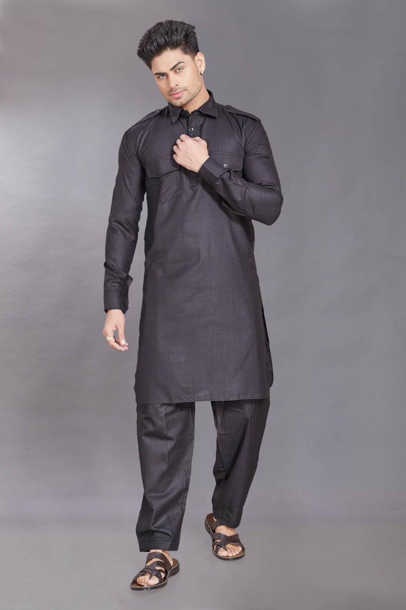 DIVISIVE Men's Cotton Blend Pathani Kurta Pyjama Set (DKRT455_XXL_Black) - Image 4