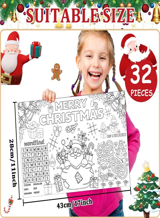 OBUSATT 32 Pcs Christmas Placemats Christmas Coloring Paper Table Mats Disposable Coloring Activity Place Mats Claus Trees Table Decoration for Xmas Holiday Party Home Table Supplies - Image 2