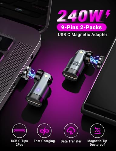 VAFOTON USB C Magnetic Adapter PD 240W(2Pack), 9PIN USB C 90 Degree Adapter/C Right Angle Adapters/360 &180 Degree C to C Adapters for 1Phone 17/16/15, Ma-Book Pro/1Pad Series, Samsung Galaxy, Tablet, Laptop - Image 2