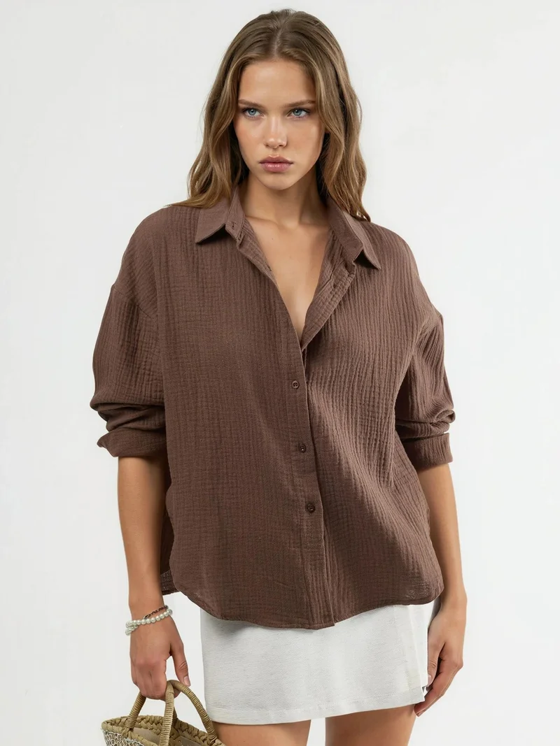 بوسيم BUSEM Textured Woven Cotton Button-Up Shirt