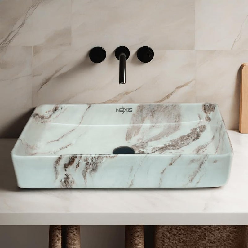 NEXIS NEXIS Designer Ceramic Wash Basin For Bathroom Over Counter Bathroom Basin Counter Top Bathroom Sink Wash Basin For Restaurant Hotel 24 x 14 x 5 Inch Marble Beige Brown - Image 2