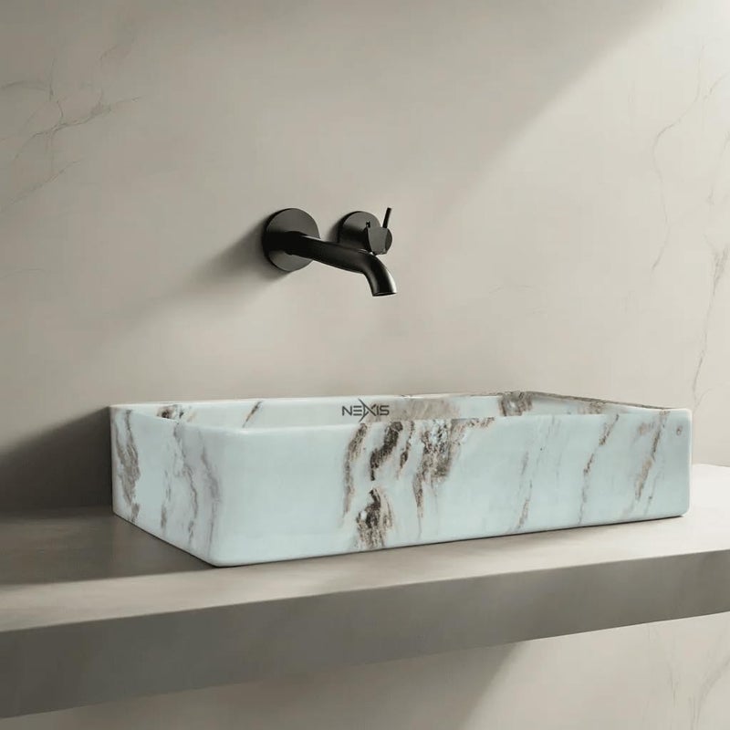 NEXIS NEXIS Designer Ceramic Wash Basin For Bathroom Over Counter Bathroom Basin Counter Top Bathroom Sink Wash Basin For Restaurant Hotel 24 x 14 x 5 Inch Marble Beige Brown - Image 3