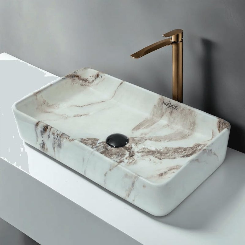 NEXIS NEXIS Designer Ceramic Wash Basin For Bathroom Over Counter Bathroom Basin Counter Top Bathroom Sink Wash Basin For Restaurant Hotel 24 x 14 x 5 Inch Marble Beige Brown - Image 1