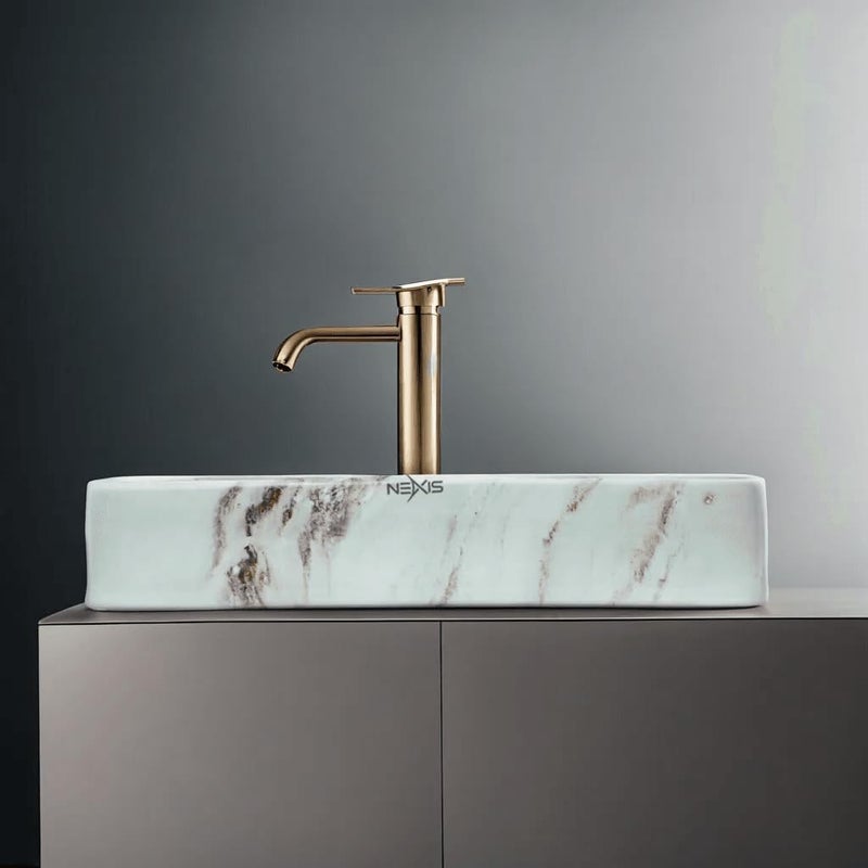 NEXIS NEXIS Designer Ceramic Wash Basin For Bathroom Over Counter Bathroom Basin Counter Top Bathroom Sink Wash Basin For Restaurant Hotel 24 x 14 x 5 Inch Marble Beige Brown - Image 4