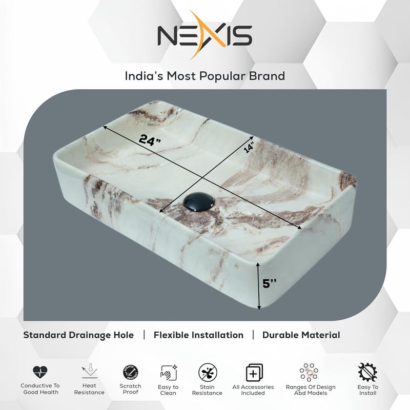NEXIS NEXIS Designer Ceramic Wash Basin For Bathroom Over Counter Bathroom Basin Counter Top Bathroom Sink Wash Basin For Restaurant Hotel 24 x 14 x 5 Inch Marble Beige Brown - Image 5