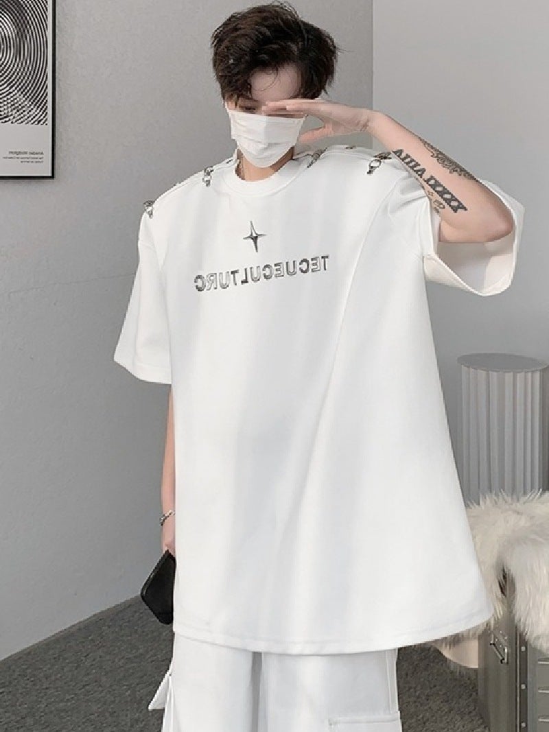 Shoulder Four-Button Design T-Shirt Loose Metal Shoulder Pad Printed Short-Sleeved T-Shirt Summer Base Shirt Top Trendy - Image 1