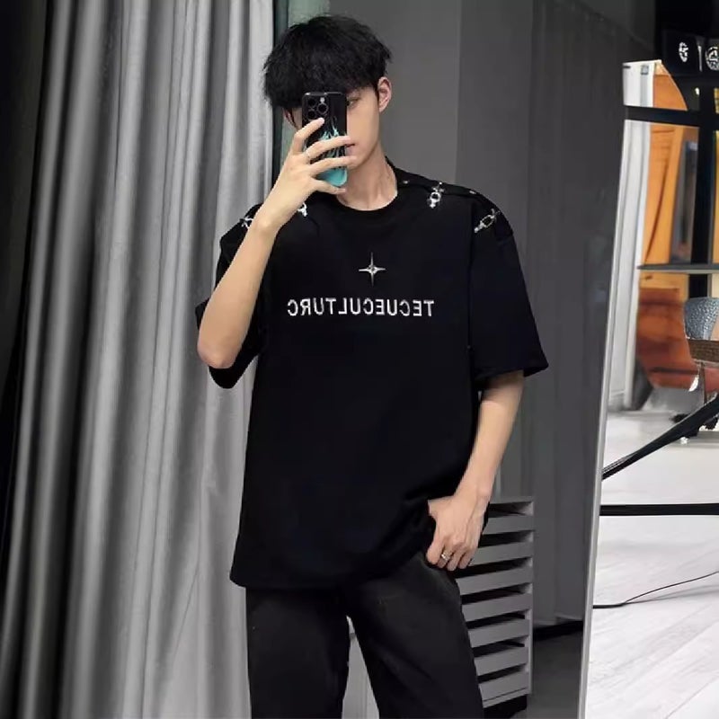 Shoulder Four-Button Design T-Shirt Loose Metal Shoulder Pad Printed Short-Sleeved T-Shirt Summer Base Shirt Top Trendy - Image 2