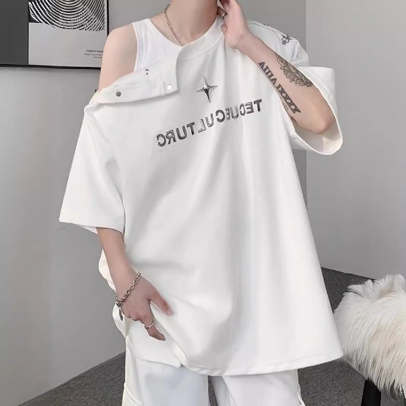Shoulder Four-Button Design T-Shirt Loose Metal Shoulder Pad Printed Short-Sleeved T-Shirt Summer Base Shirt Top Trendy - Image 5