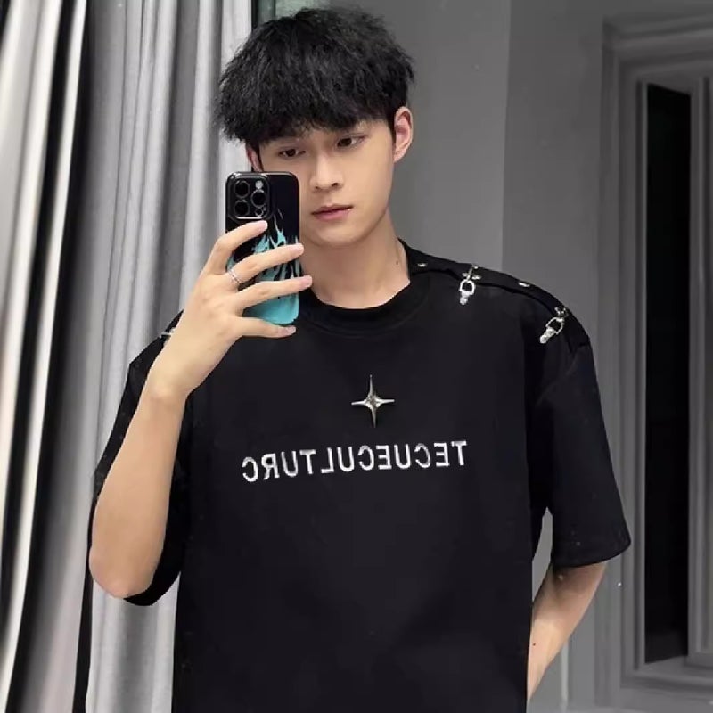 Shoulder Four-Button Design T-Shirt Loose Metal Shoulder Pad Printed Short-Sleeved T-Shirt Summer Base Shirt Top Trendy - Image 3