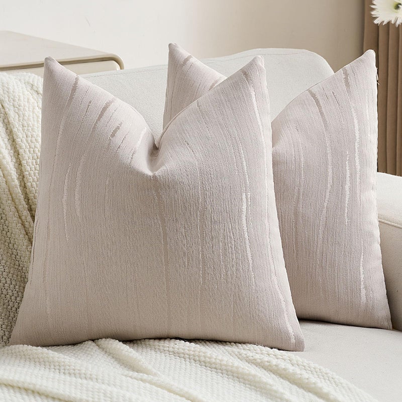 FUTEI Pack of 2 Chenille Decorative Throw Pillow Covers 18x18 InchSoft Embossed Striped Textured Cushion CaseModern Home Decor for Couch Bed Living RoomBeige - Image 2