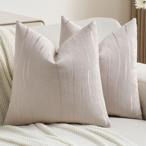 FUTEI Pack of 2 Chenille Decorative Throw Pillow Covers 18x18 InchSoft Embossed Striped Textured Cushion CaseModern Home Decor for Couch Bed Living RoomBeige - Image 1