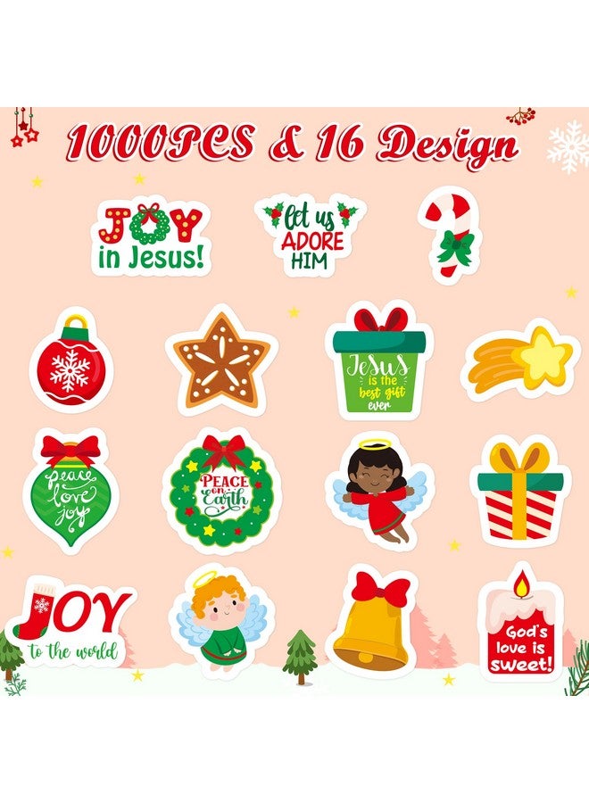 Haooryx 1000Pcs Religious Christmas Sticker Rolls, 16 Designs Cartoon Christmas Theme Candy Canes Sticker Decals Cute Educational Christian Sticker For Kids Sunday School Vbs Supplies - Image 2